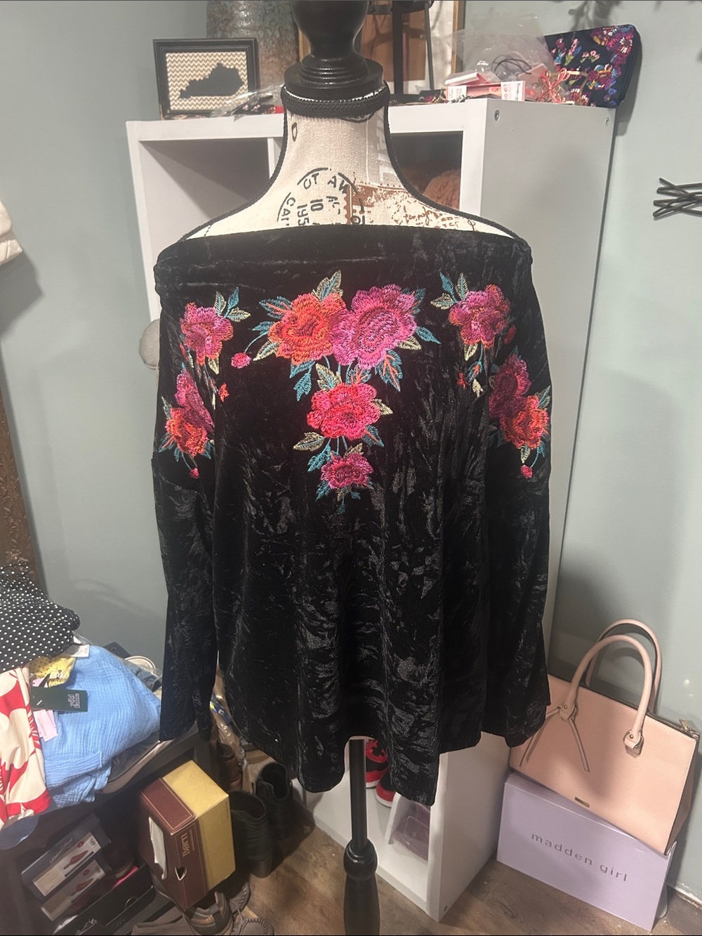 Black Velvet Off-Shoulder Top with Pink & Red Floral Embroidery PTP 22” L 21”